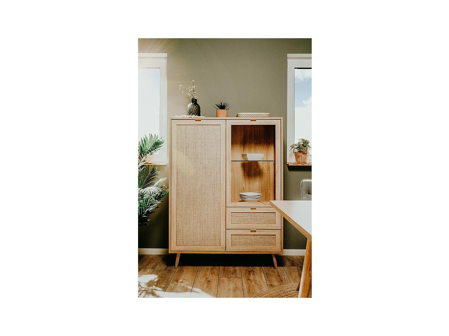 Vitrina 2 puertas 2 cajones 101,5 cm - Impresión efecto ratán