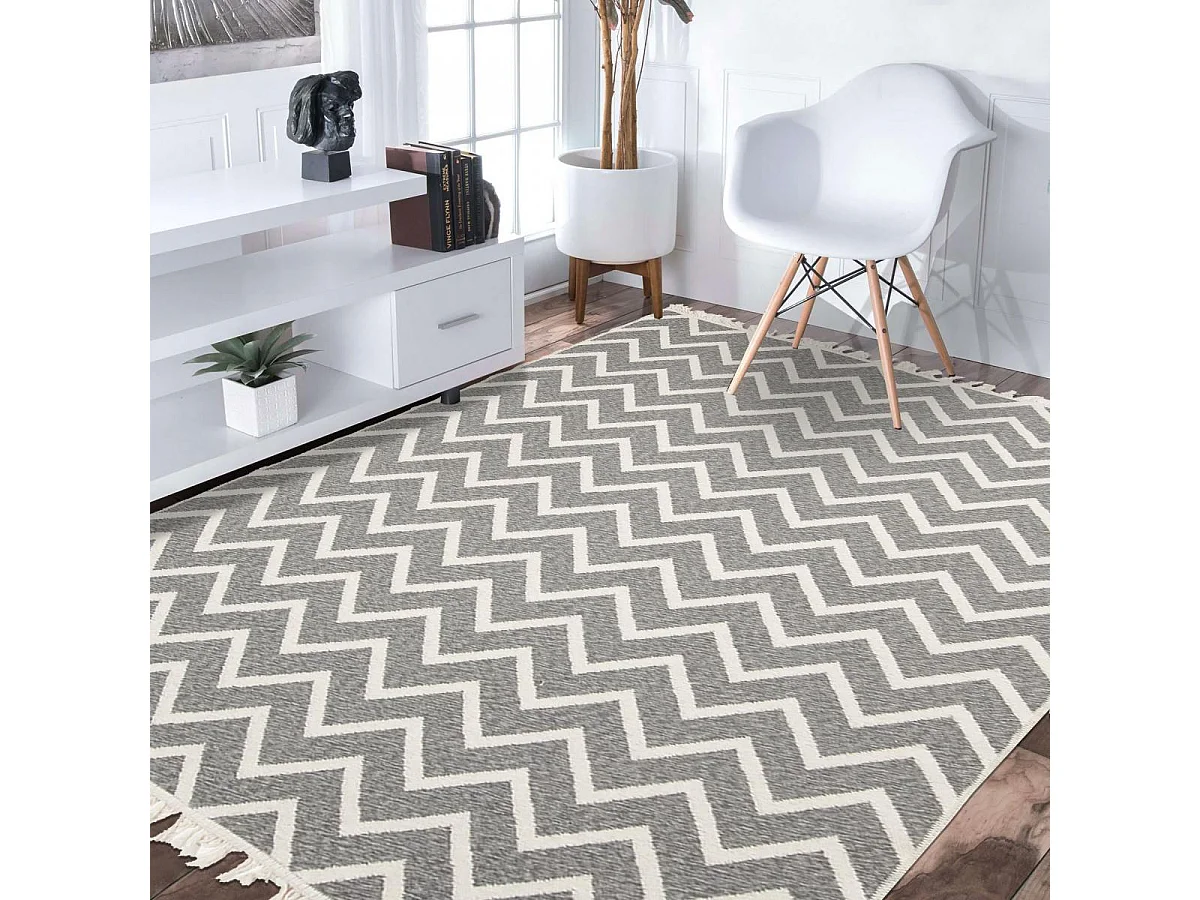 Tapis kilim reversible 160x230 en coton motif scandinave BY gris et crème