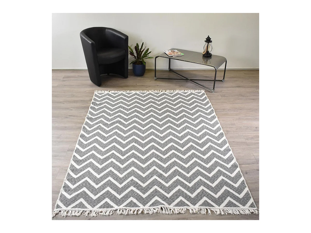 Tapis kilim reversible 200x280 en coton motif scandinave BY gris et crème