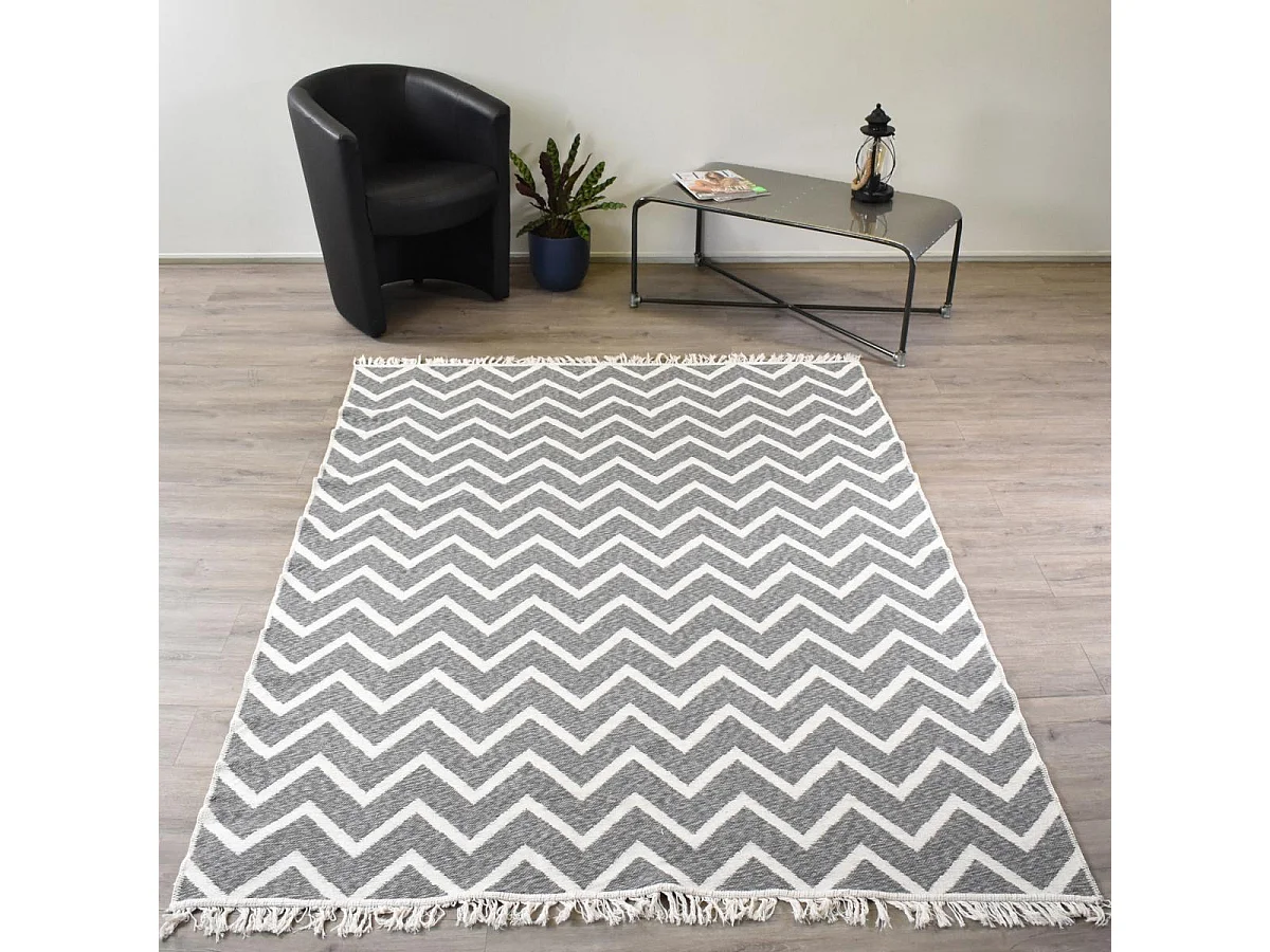 Tapis kilim reversible 200x280 en coton motif scandinave BY gris et crème