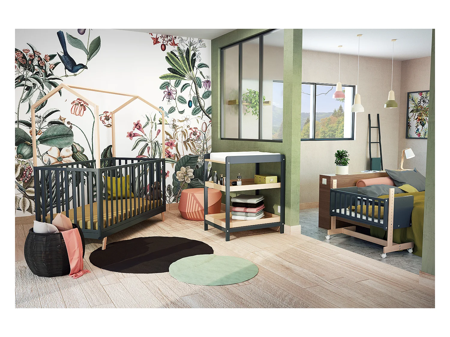 Culla co-sleeping evolutiva ESSENTIEL legno - Grafite Grigio/Faggio - 40 x 80 - 88 x 45,50 x 79,50 cm