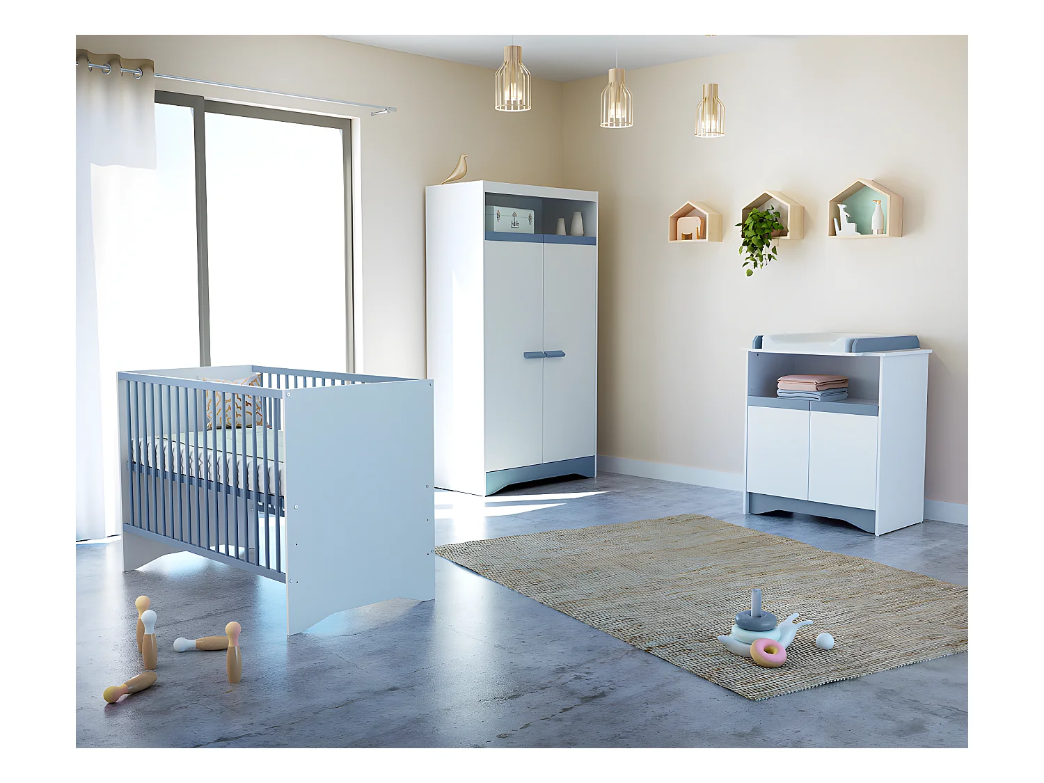 Wickelkommode 2 Türen COTILLON Holz Weiß und Blau