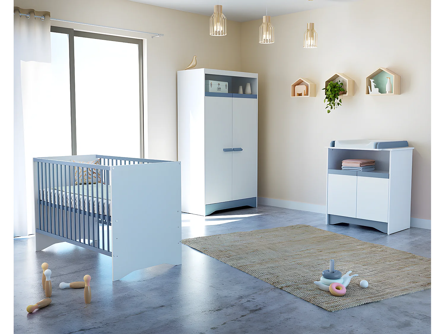 Cómoda cambiador bebé 2 puertas COTILLON madera - Blanco/Azul - 79 x 65,5 x 94 cm