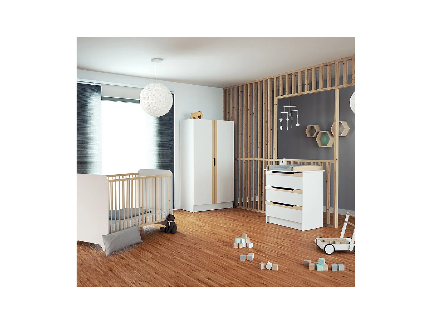 Commode à langer 3 tiroirs en bois CARROUSEL Blanc et Hêtre Verni