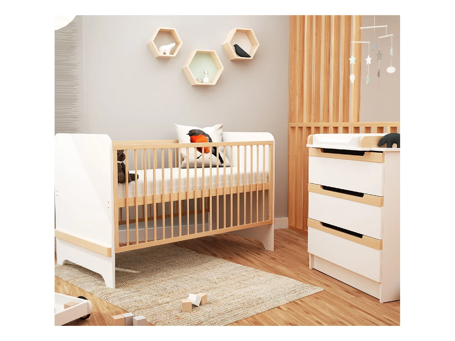 Commode à langer 3 tiroirs en bois CARROUSEL Blanc et Hêtre Verni