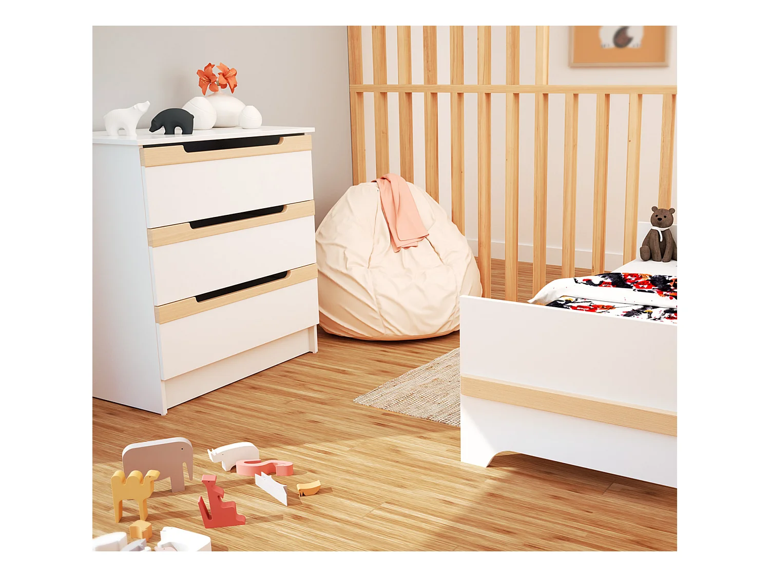 Commode à langer 3 tiroirs en bois CARROUSEL Blanc et Hêtre Verni