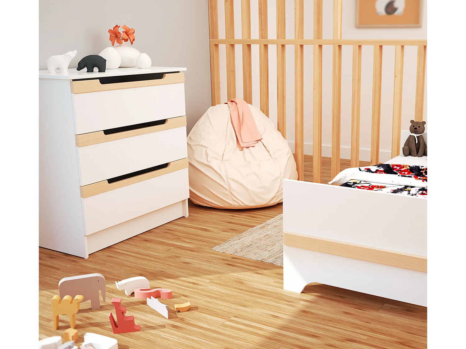 Cassettiera fasciatoio 3 cassetti CARROUSEL legno - Bianco/Faggio natural - 79 x 65,5 x 94 cm