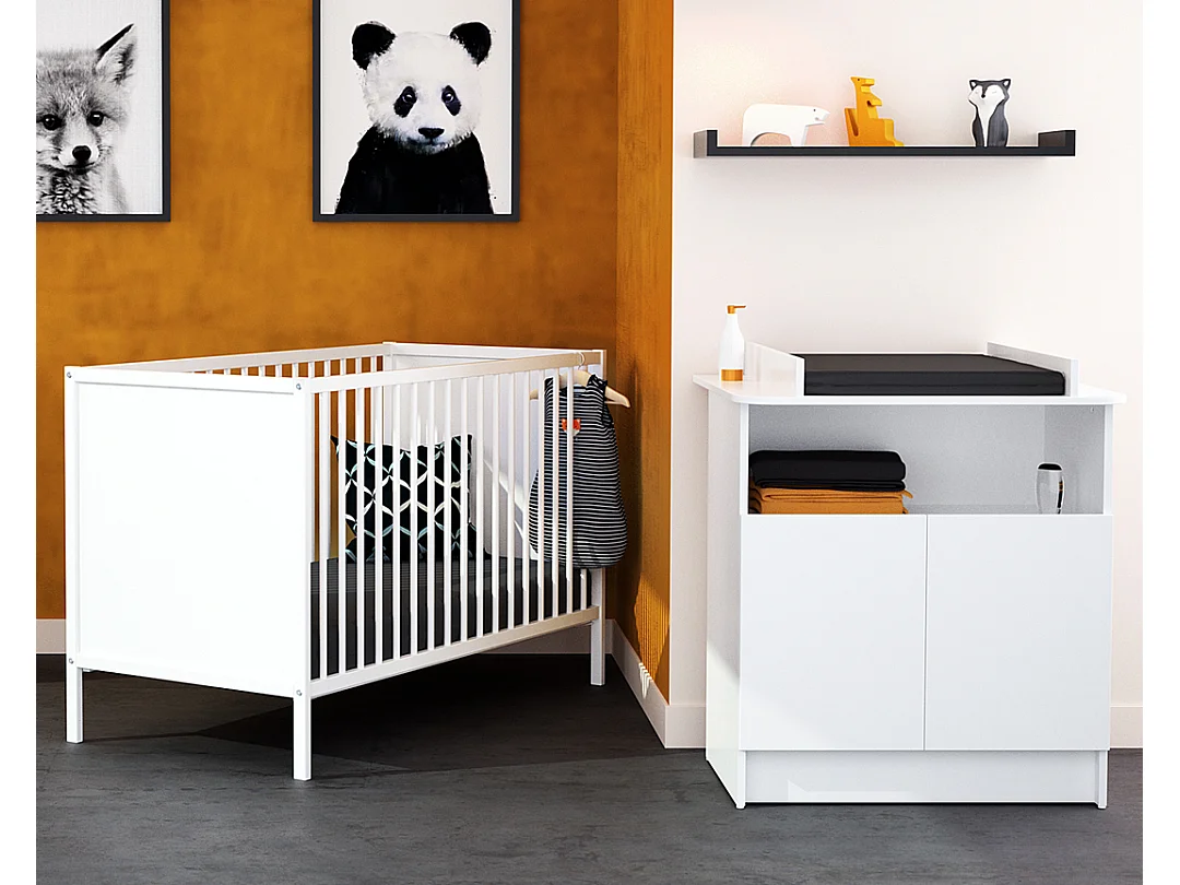 Commode à langer 2 portes, 1 niche en bois Blanc ALBA