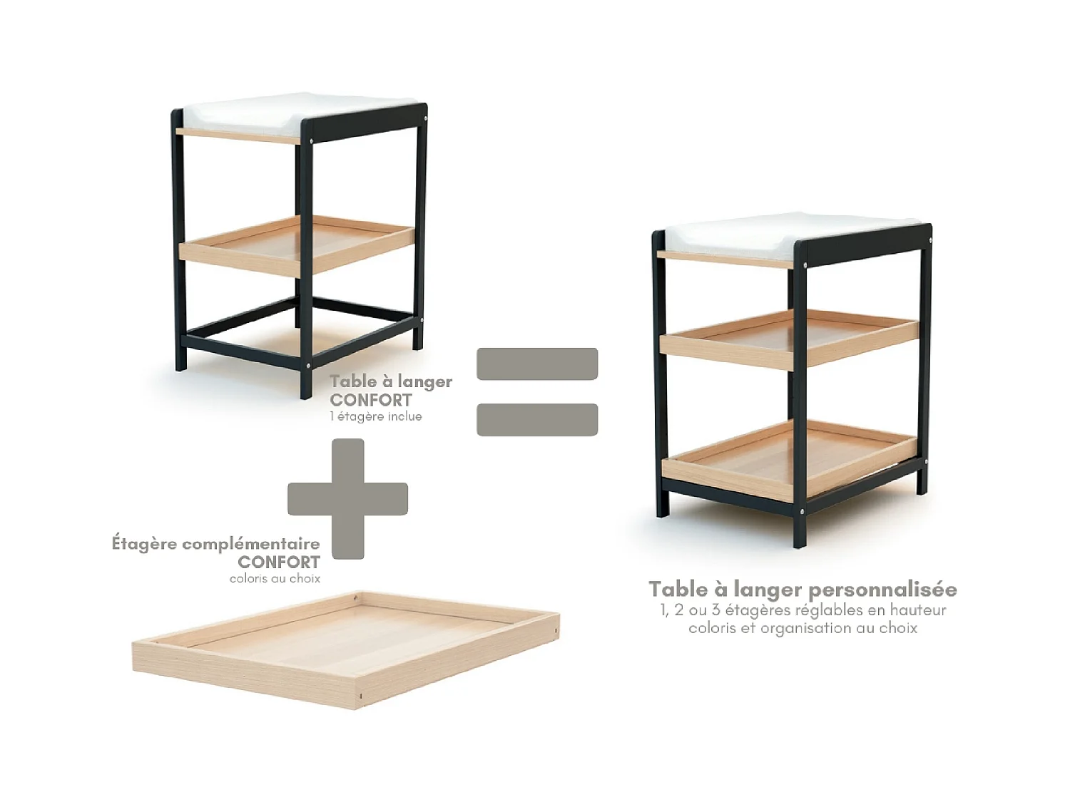 Wickeltisch 1 Regal CONFORT Holz Graphitgrau und Buche Lackiert