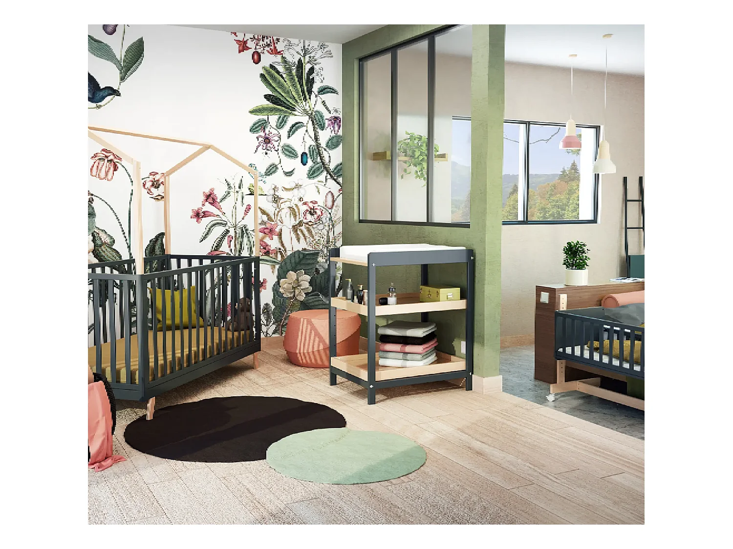 Wickeltisch 1 Regal CONFORT Holz Graphitgrau und Buche Lackiert