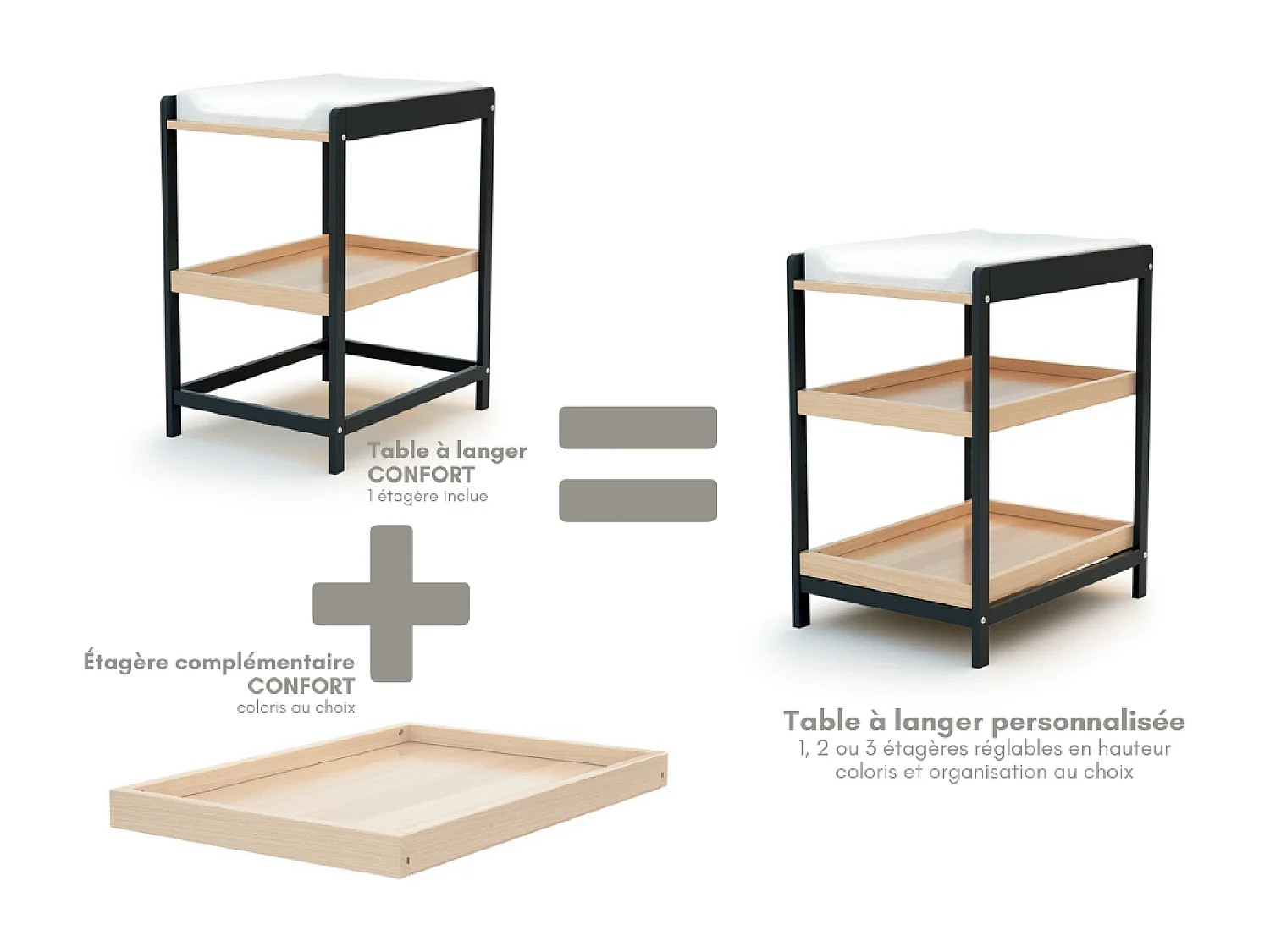 Table à langer 1 étagère en bois CONFORT Gris Graphite et Hêtre Verni