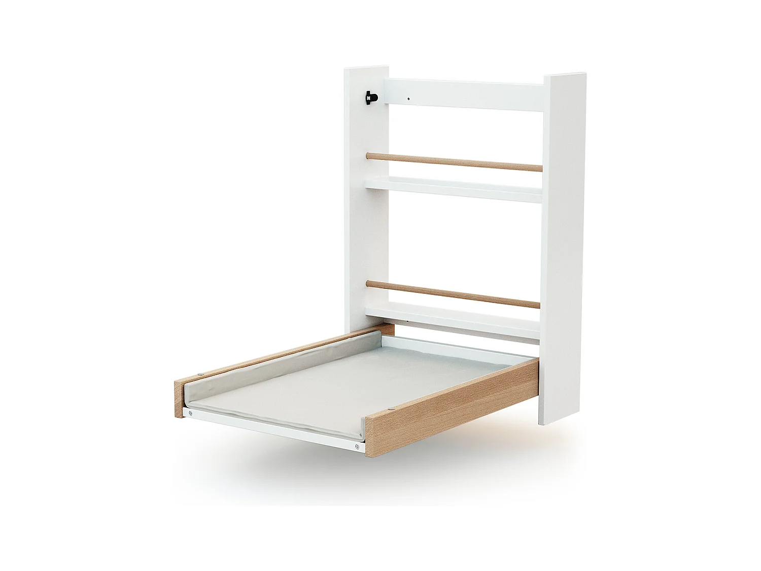 Table à langer murale rabattable en bois avec matelas ESSENTIEL Blanc et Hêtre Verni