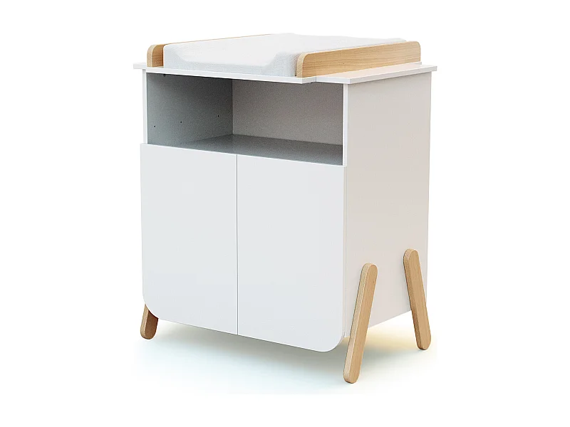 Meuble à langer 2 portes, 1 niche en bois PIRATE Blanc et Hêtre