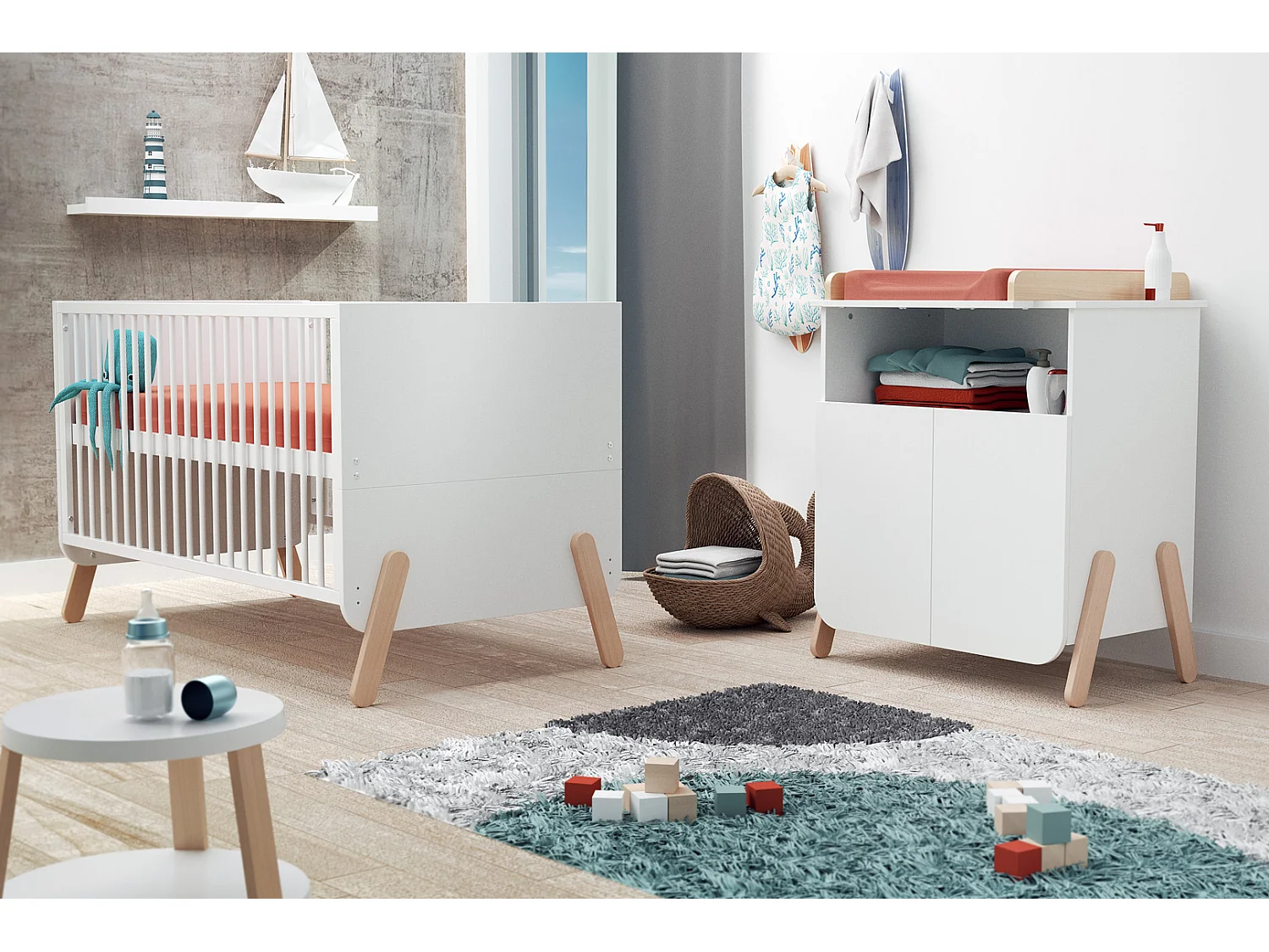 Meuble à langer 2 portes, 1 niche en bois PIRATE Blanc et Hêtre