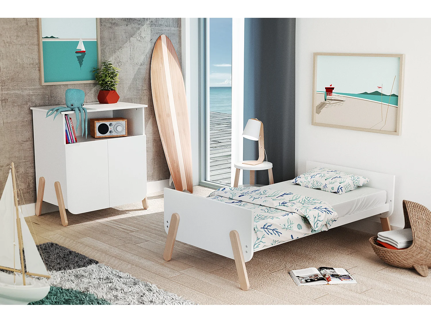 Meuble à langer 2 portes, 1 niche en bois PIRATE Blanc et Hêtre