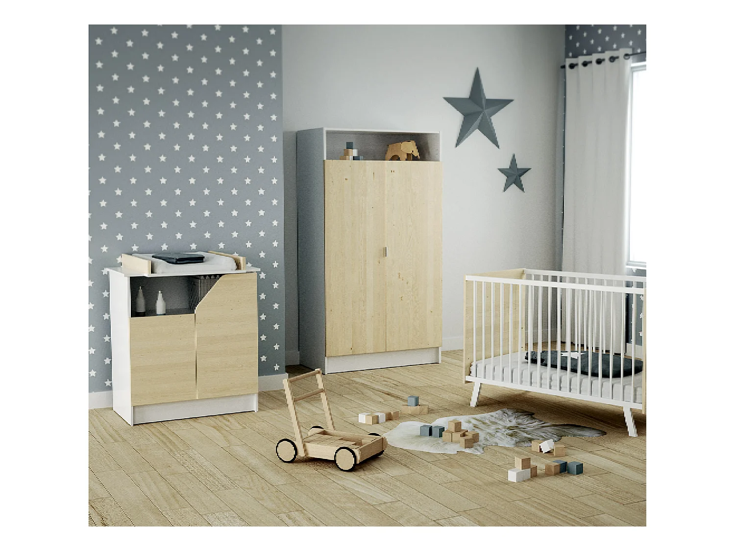 Commode à langer 2 portes, 1 niche en bois CARNAVAL Blanc et Bouleau