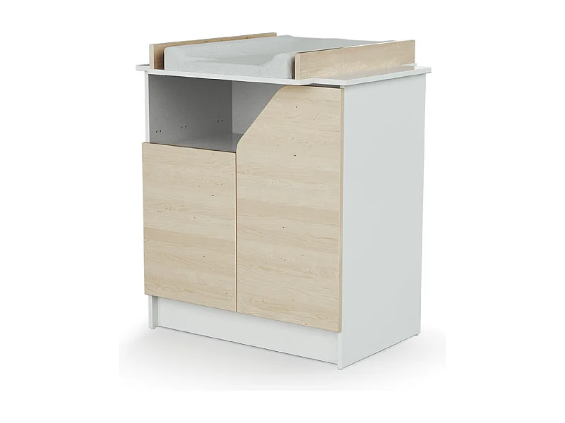 Commode à langer 2 portes, 1 niche en bois CARNAVAL Blanc et Bouleau