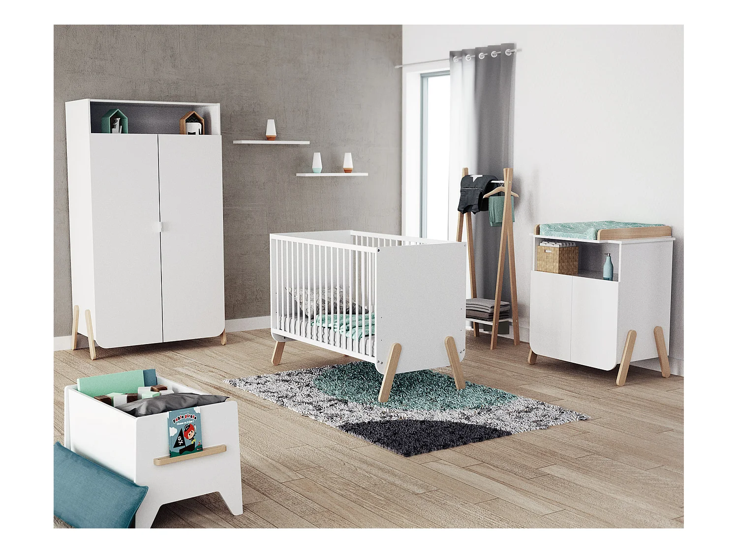 Armoire enfant 2 portes en bois PIRATE Blanc et Hêtre 100 x 50 x 176 cm