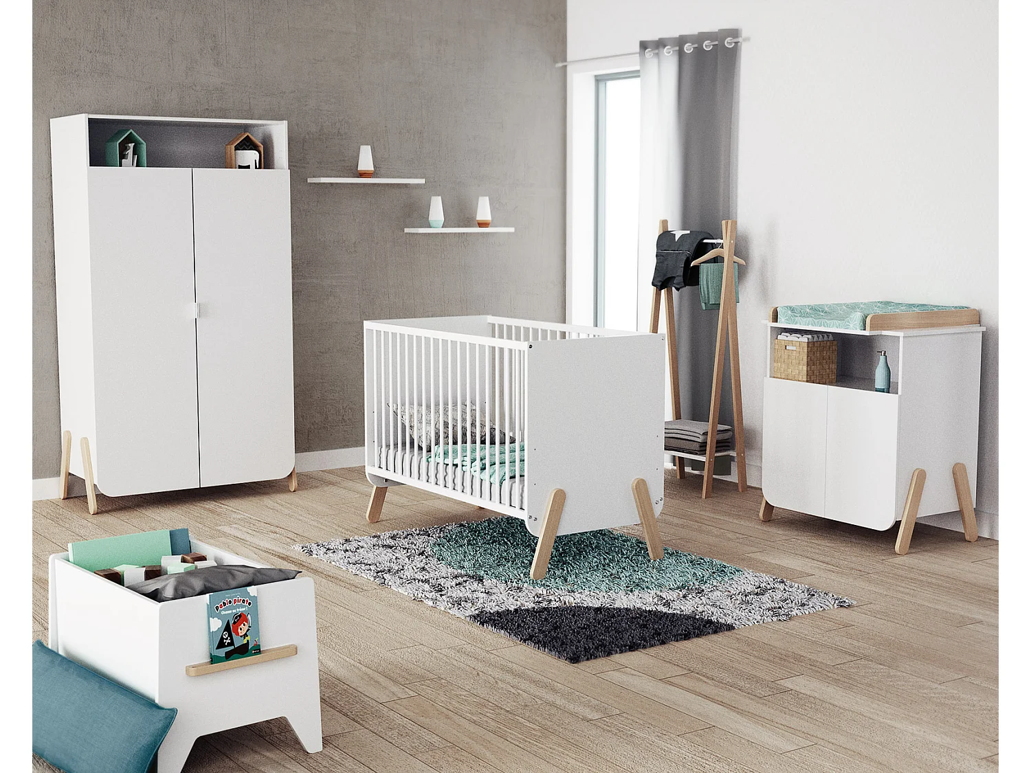 Armoire enfant 2 portes en bois PIRATE Blanc et Hêtre 100 x 50 x 176 cm