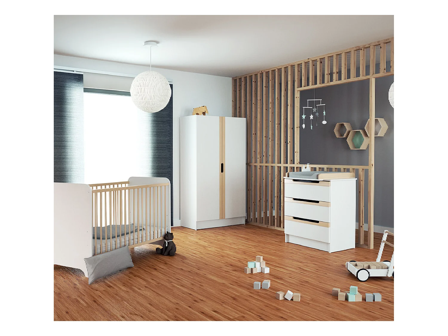 Armoire enfant 2 portes en bois Blanc et Hêtre Verni 96 x 51 x 176 cm