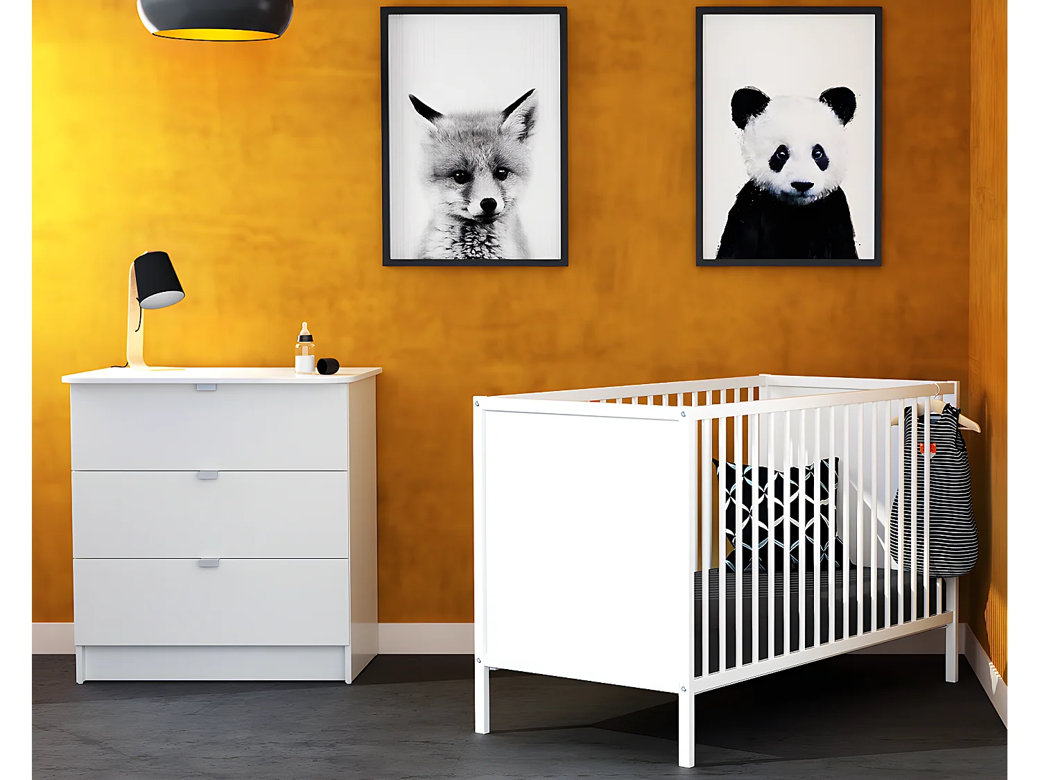 Babykamerbed en luiertafel in hout Wit ALBA