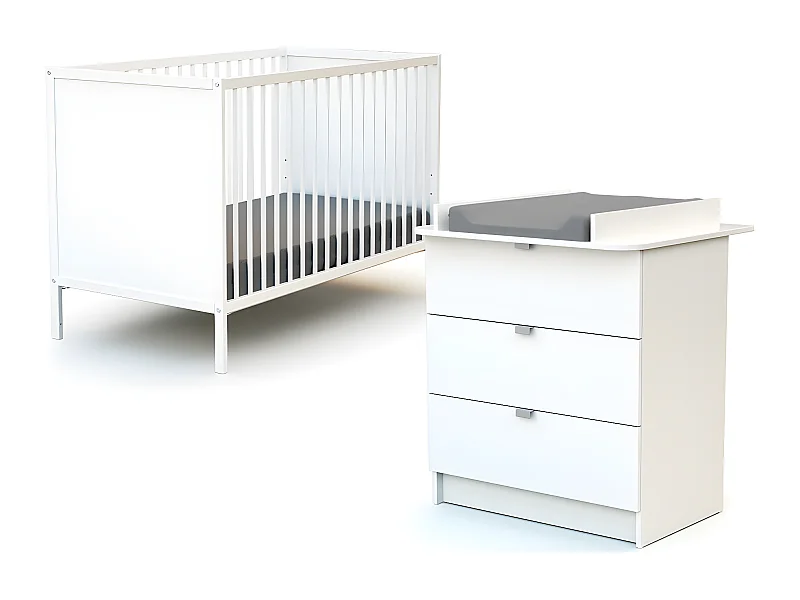 Chambre bébé lit et commode à langer en bois Blanc ALBA