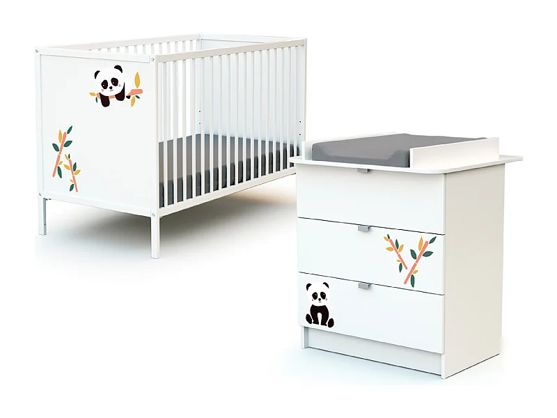 Babykamerbed en luiertafel Panda in hout Wit ALBA
