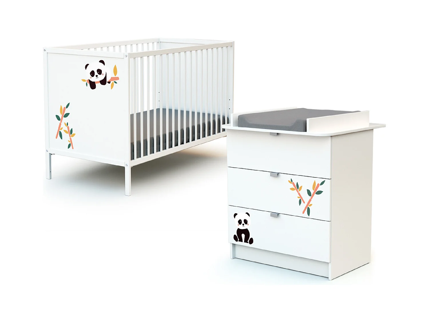 Chambre bébé lit et commode à langer en bois Panda Blanc ALBA