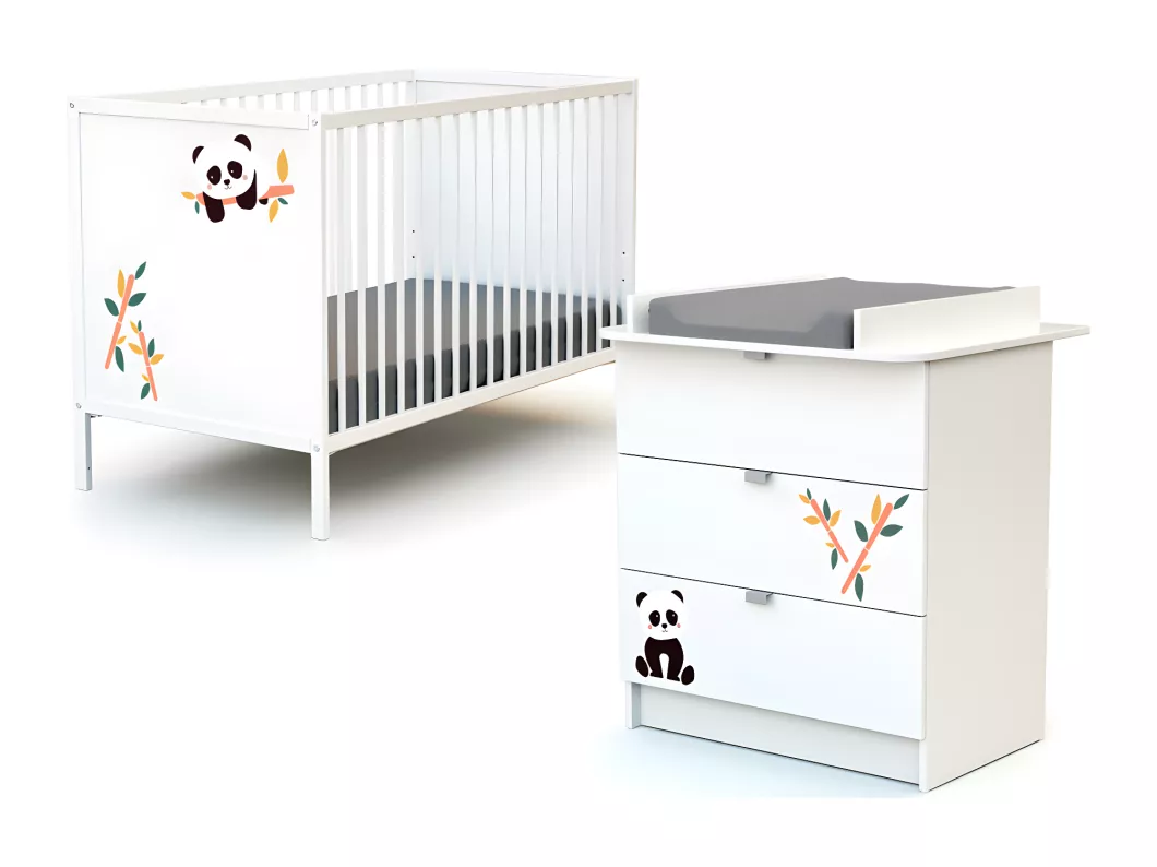 Kauf Unique Babyzimmer Bett und Wickelkommode Holz Panda Weiß 60 x 120