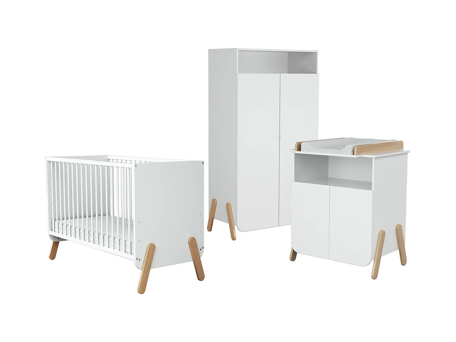 Chambre bébé lit, meuble à langer et armoire Blanc et Hêtre Verni
