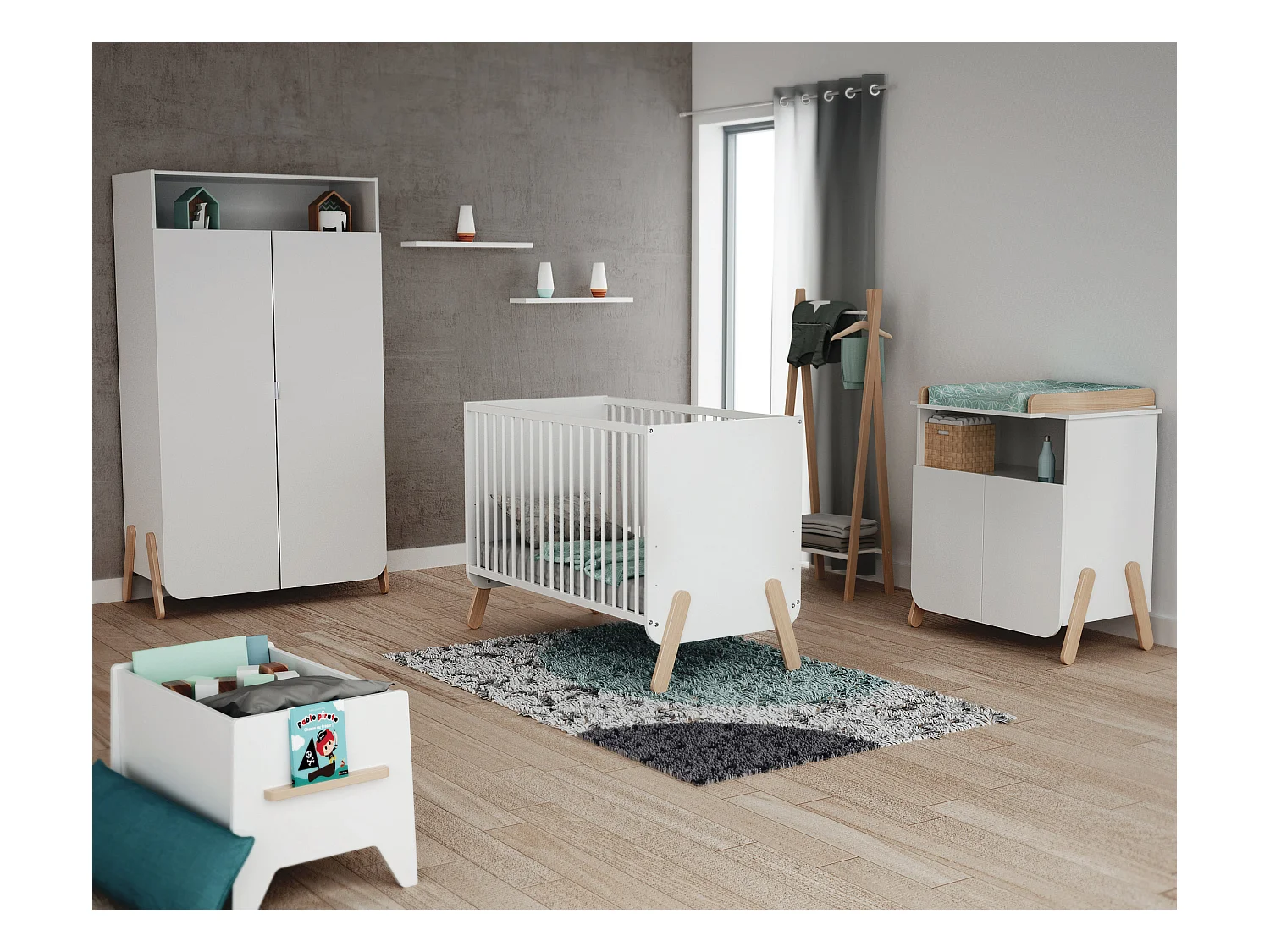 Chambre bébé lit, meuble à langer et armoire Blanc et Hêtre Verni