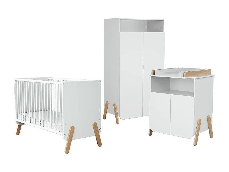 Chambre bébé lit, meuble à langer et armoire Blanc et Hêtre Verni