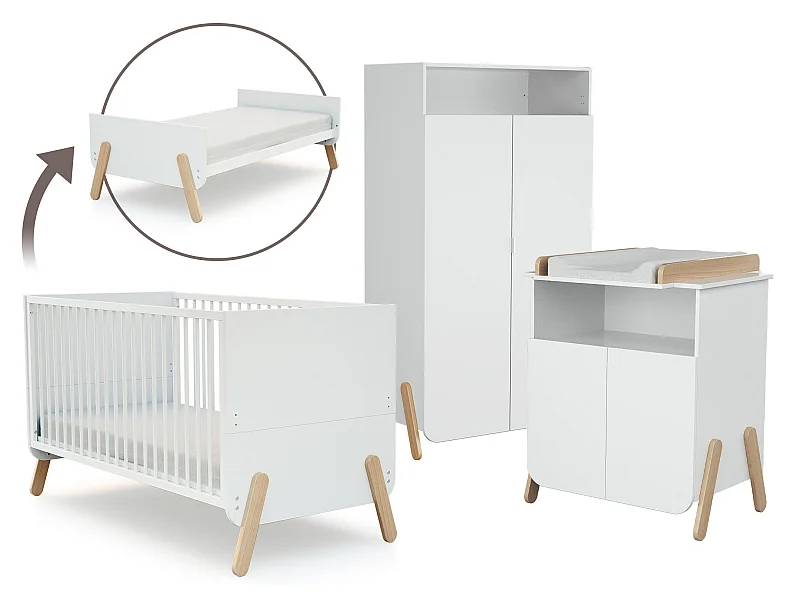 Babyzimmer Bett, Wickelkommode und Schrank PIRATE Holz Weiß und Buche Lackiert 70 x 140