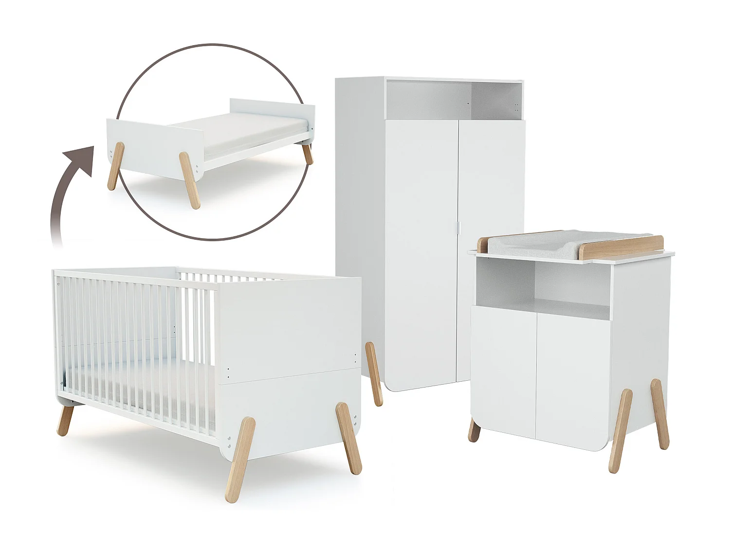 Chambre bébé lit, commode à langer et armoire Blanc et Hêtre Verni