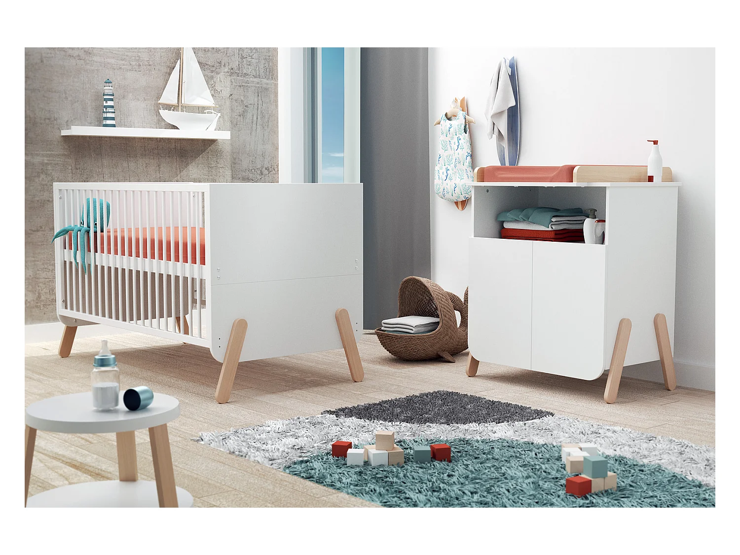 Chambre bébé lit, commode à langer et armoire Blanc et Hêtre Verni