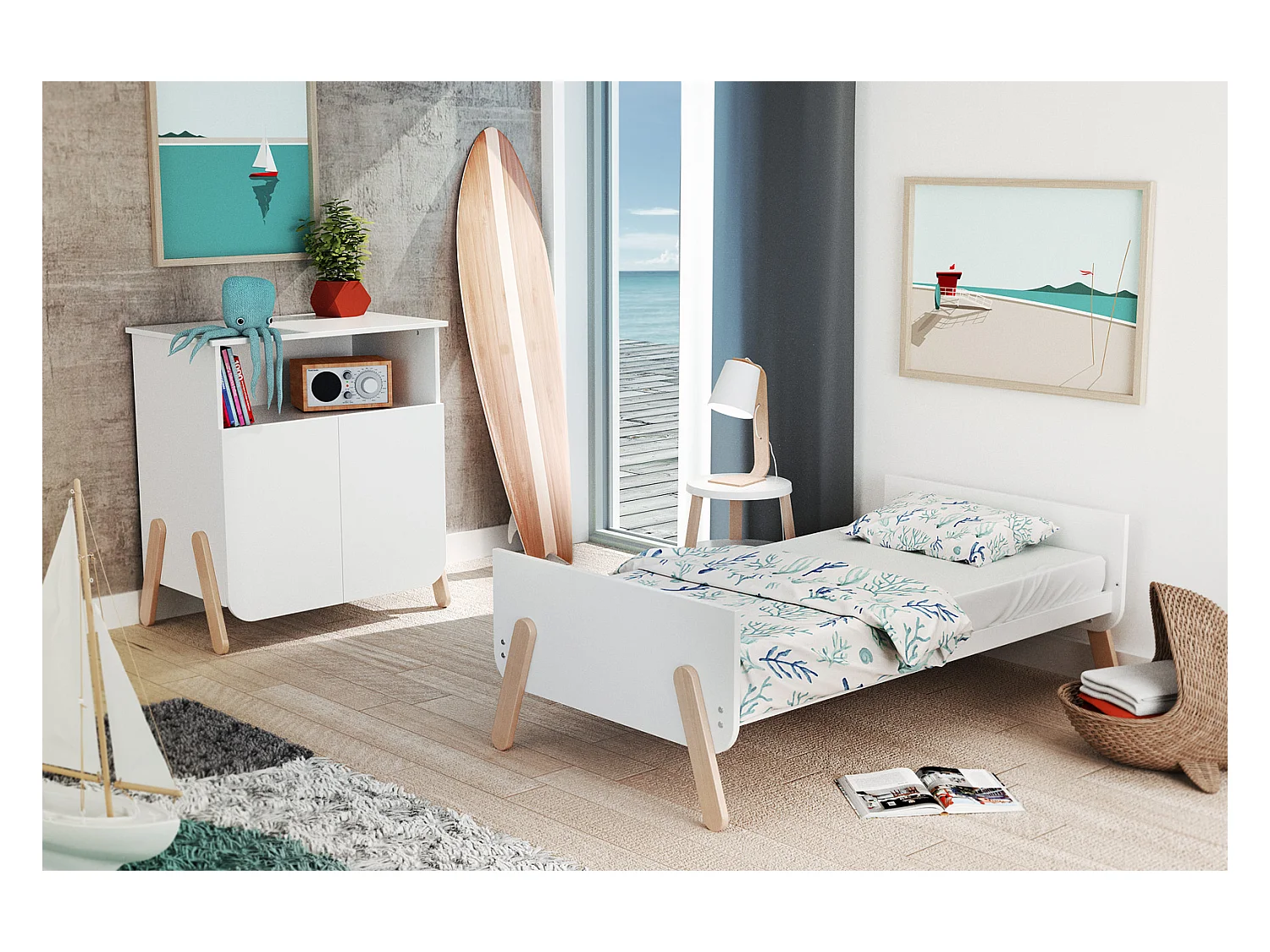 Chambre bébé lit, commode à langer et armoire Blanc et Hêtre Verni