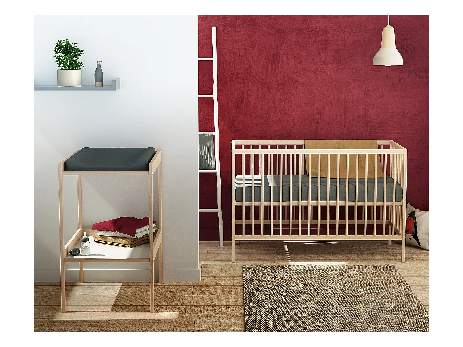 Babyzimmer Bett und Wickeltisch Holz Weiß 60 x 120