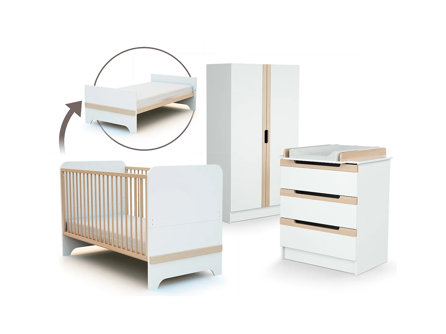 Chambre bébé lit, commode à langer et armoire Blanc et Hêtre Verni