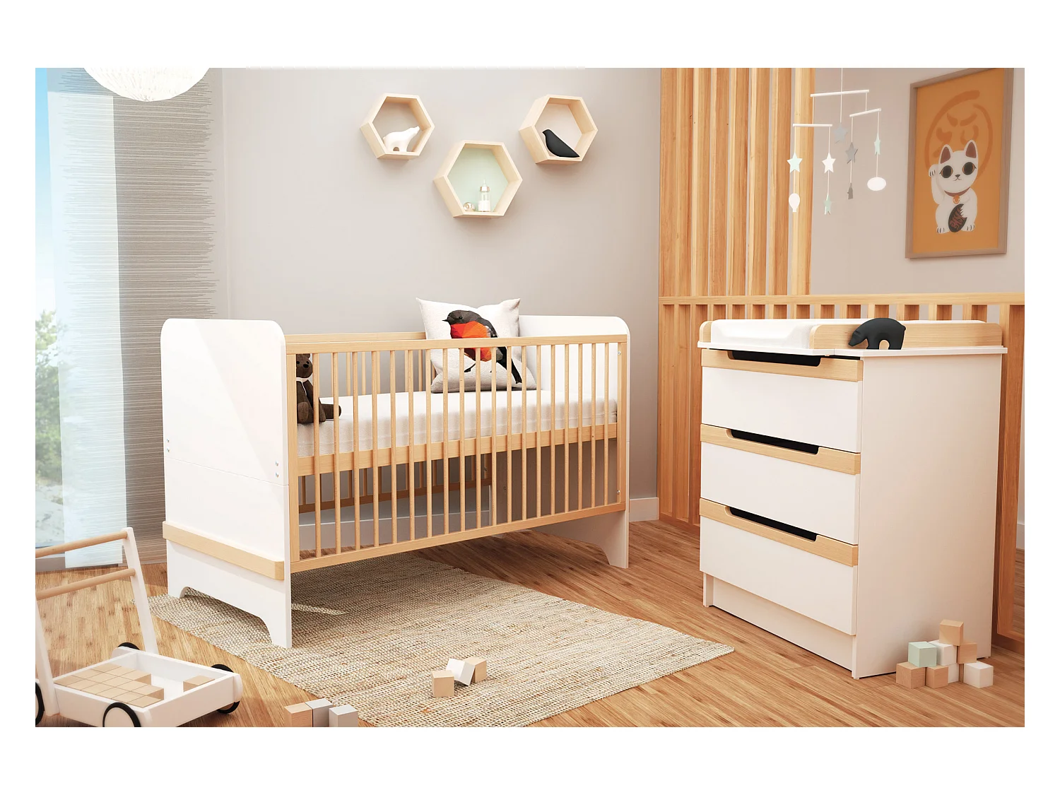 Chambre bébé lit, commode à langer et armoire Blanc et Hêtre Verni