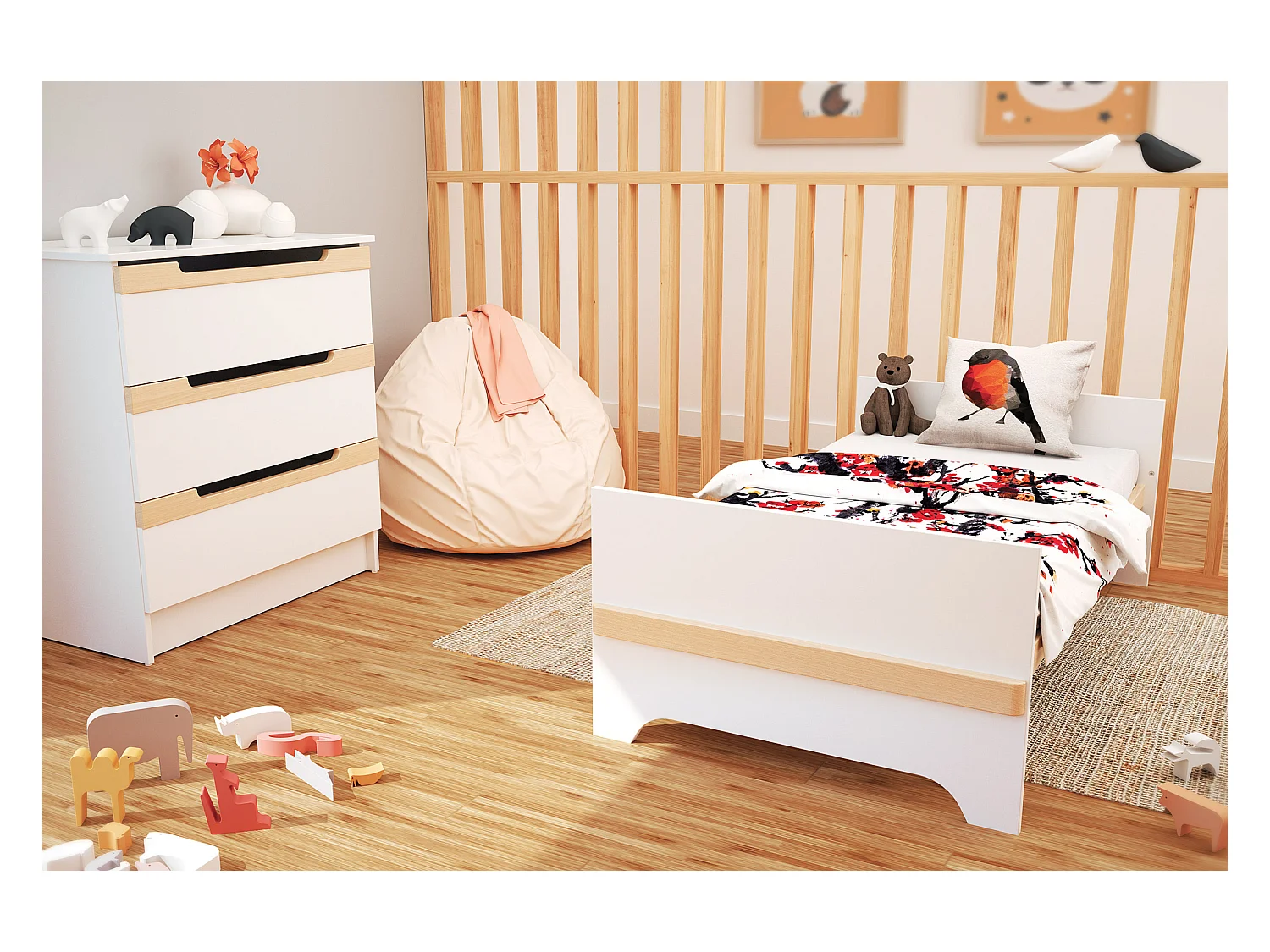 Chambre bébé lit, commode à langer et armoire Blanc et Hêtre Verni