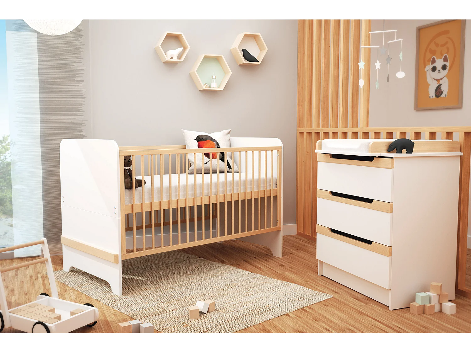 Babyzimmer Bett, Wickelkommode und Schrank CARROUSEL Holz Weiß und Buche Lackiert 70 x 140