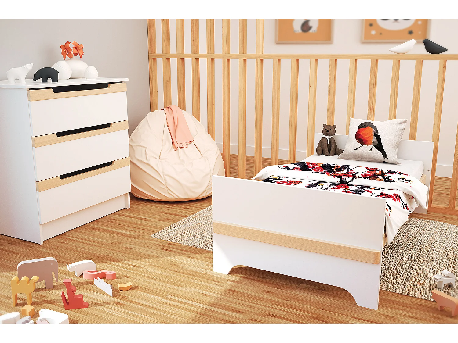 Babyzimmer Bett, Wickelkommode und Schrank CARROUSEL Holz Weiß und Buche Lackiert 70 x 140
