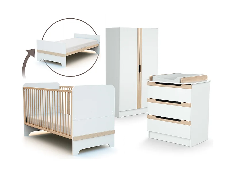 Habitación bebé completa CARROUSEL madera - Blanco/Haya Barnizada - 70 x 140 - 147,5 x 78 x 93,5 / 79 x 65,5 x 94 / 51 x 96 x 176 cm