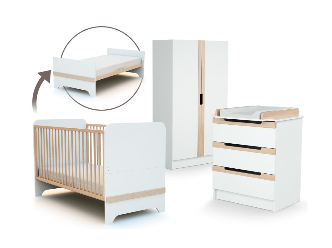 Cameretta completa bambini lettino, fasciatoio e armadio CARROUSEL - Bianco/Faggio natural - 70 x 140