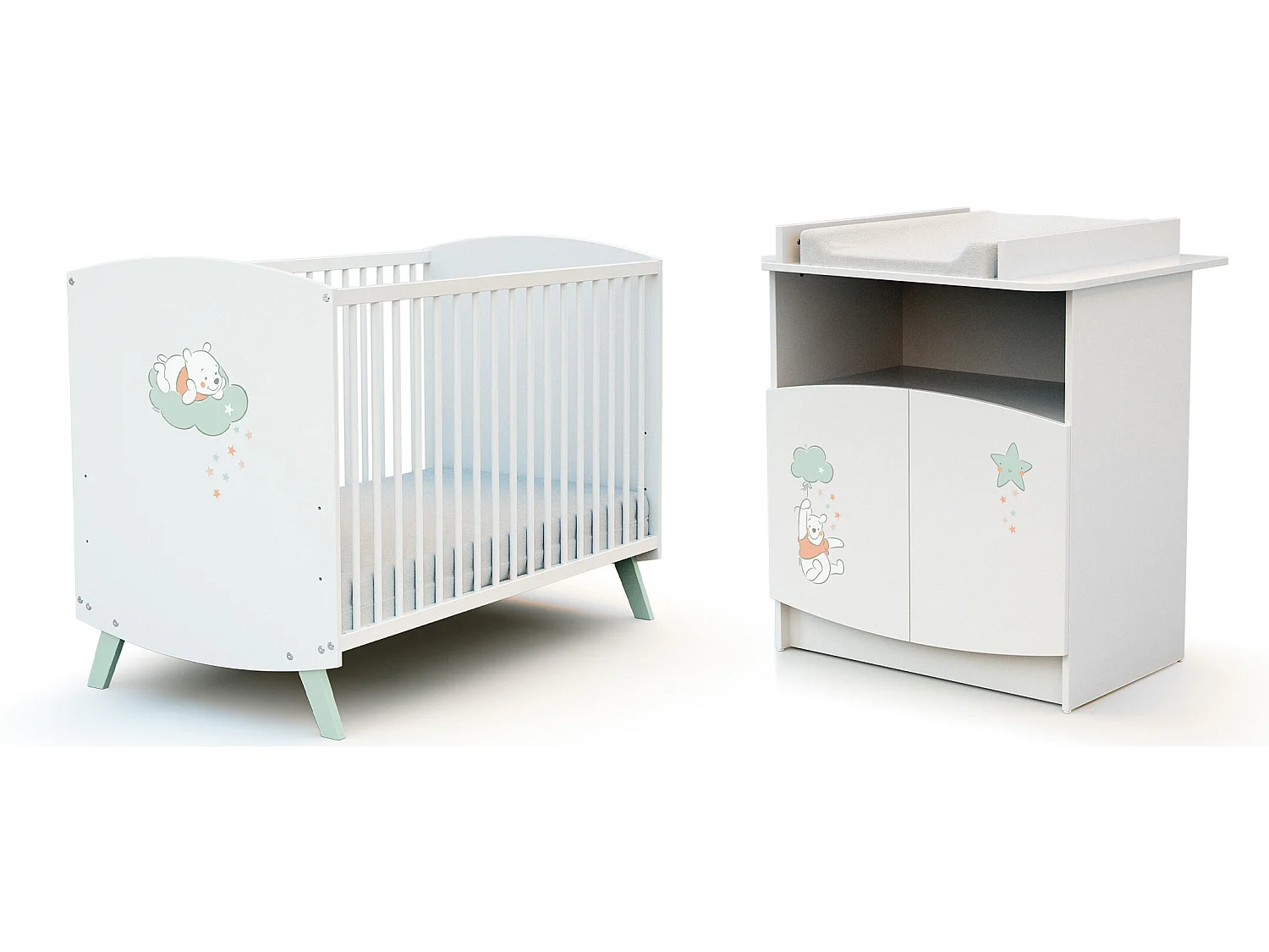 Chambre bébé lit et commode à langer bois Up in the Sky Winnie Blanc
