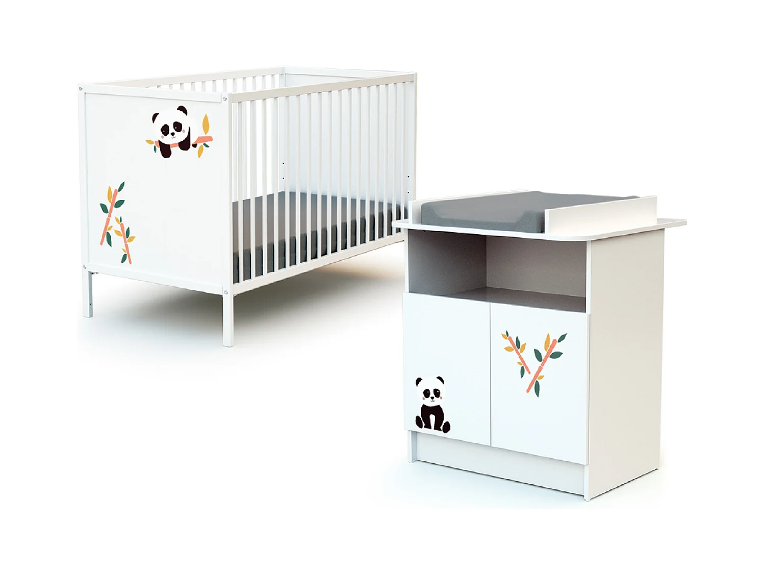 Babykamerbed en luiertafel Panda in hout Wit ALBA