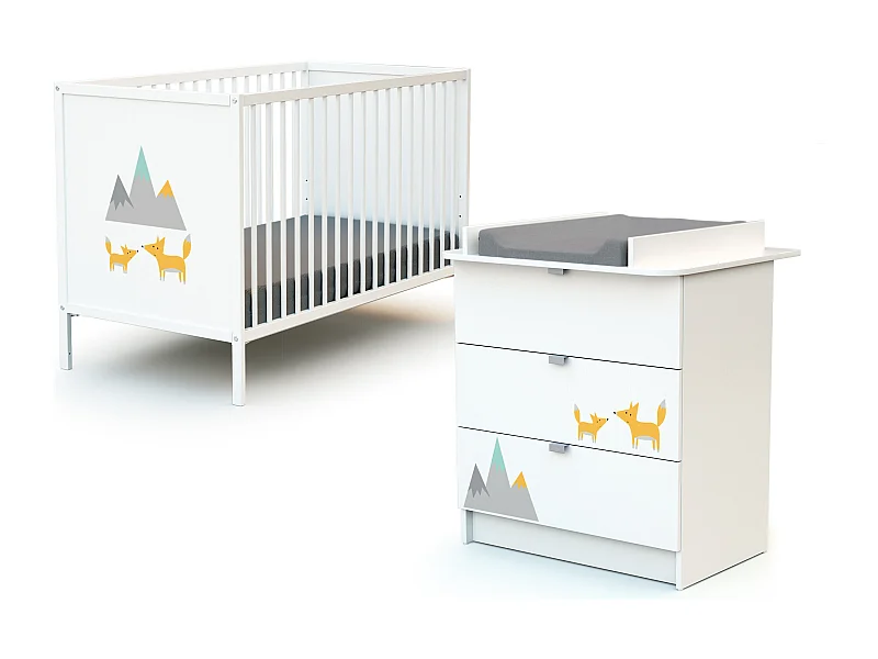Chambre bébé lit et commode à langer en bois Renard Blanc ALBA