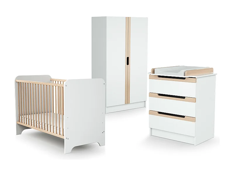 Babyzimmer Bett, Wickelkommode und Schrank CARROUSEL Holz Weiß und Buche Lackiert
