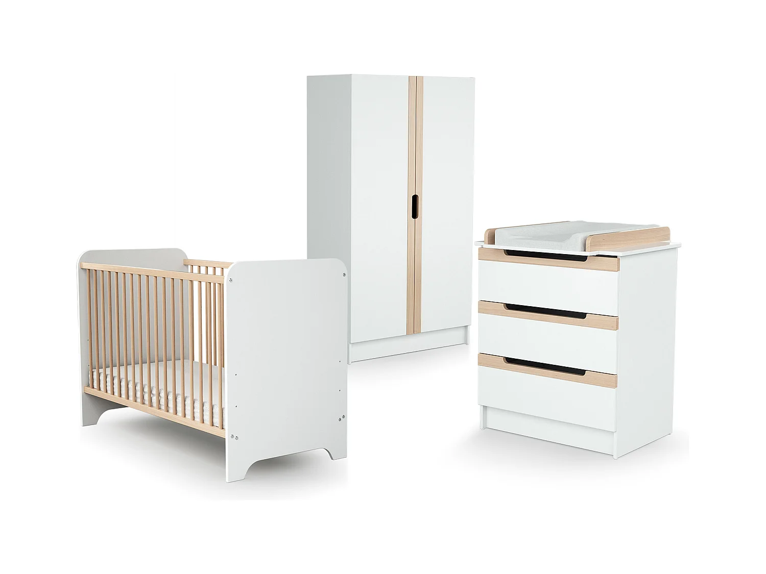 Chambre bébé lit, commode à langer et armoire Blanc et Hêtre Verni