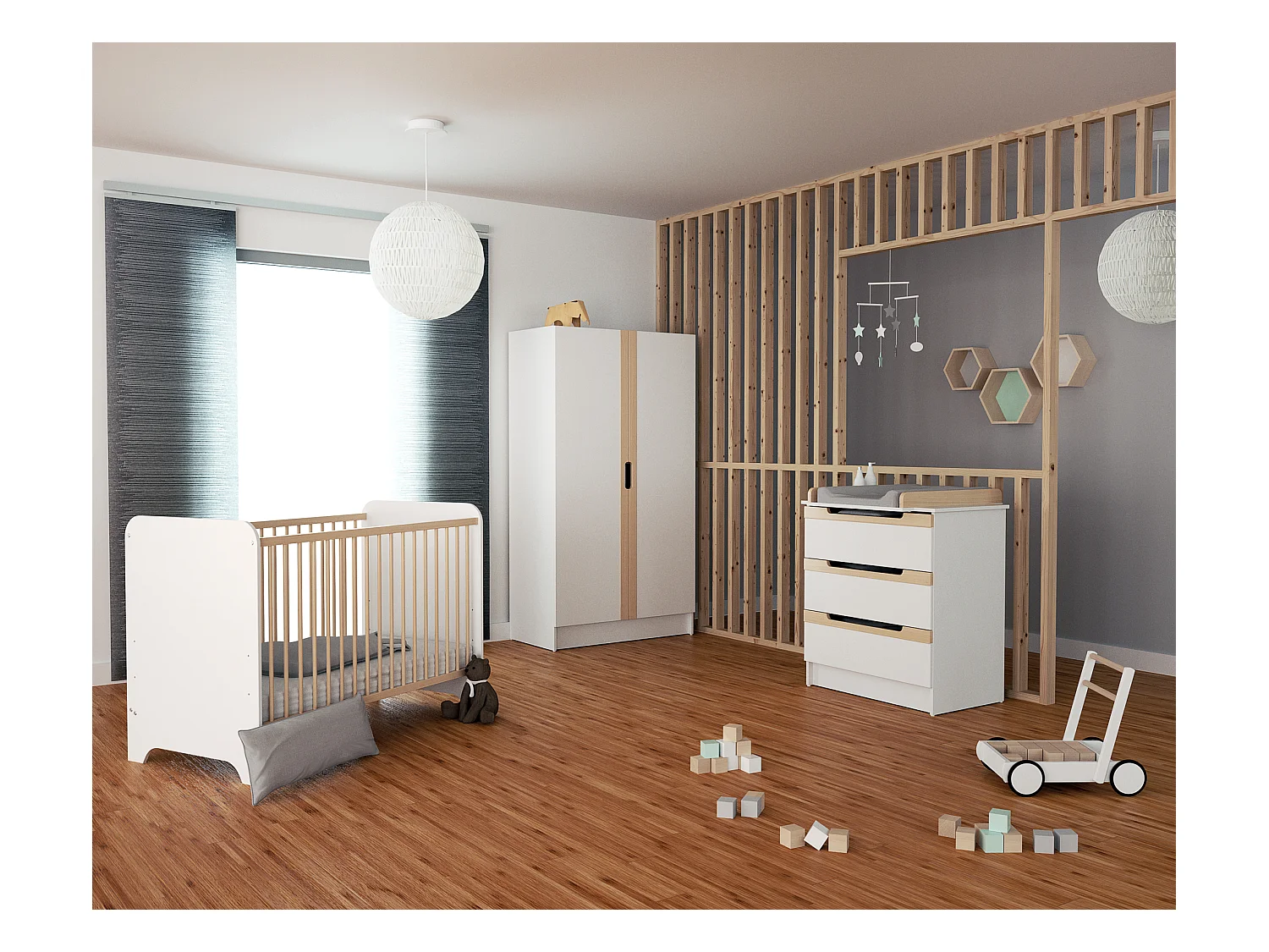 Chambre bébé lit, commode à langer et armoire Blanc et Hêtre Verni